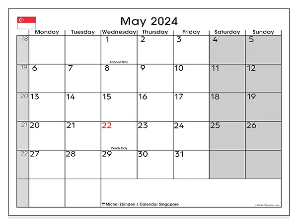Free printable calendar Singapore for May 2024. Week: Monday to Sunday.