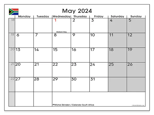 Free printable calendar South Africa for May 2024. Week: Monday to Sunday.