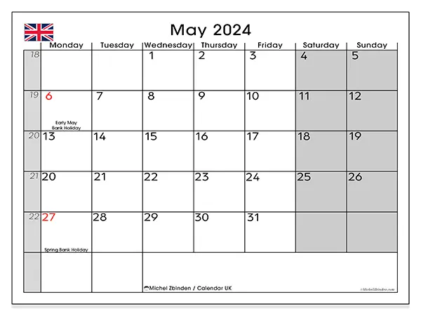 Free printable calendar UK for May 2024. Week: Monday to Sunday.