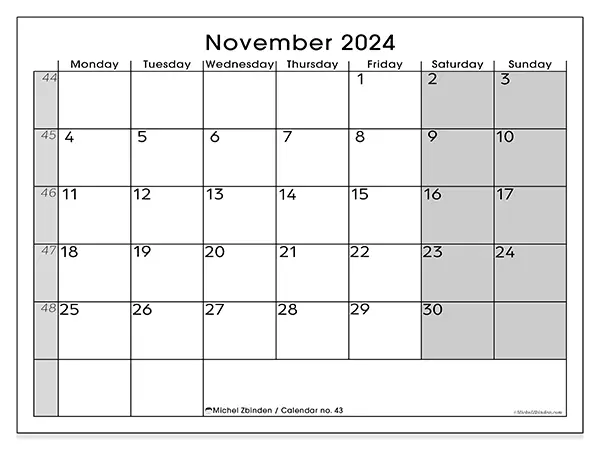 Free printable calendar n° 43 for November 2024. Week: Monday to Sunday.