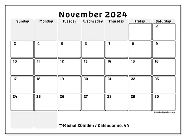 Free printable calendar n° 44 for November 2024. Week: Sunday to Saturday.