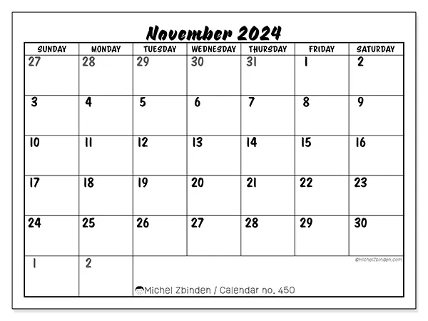 Free printable calendar n° 450 for November 2024. Week: Sunday to Saturday.
