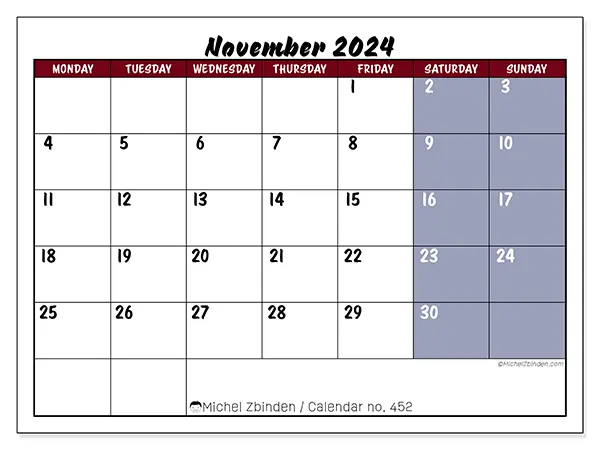 Free printable calendar n° 452 for November 2024. Week: Monday to Sunday.
