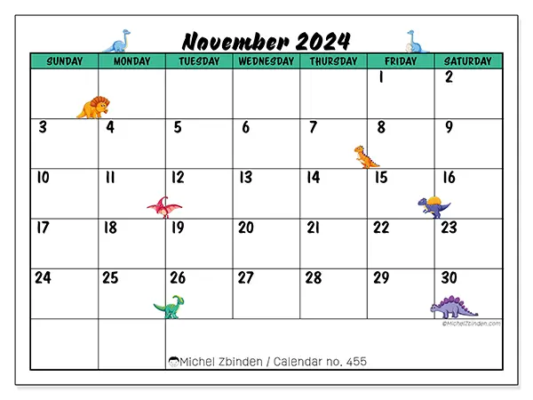 Free printable calendar n° 455 for November 2024. Week: Sunday to Saturday.
