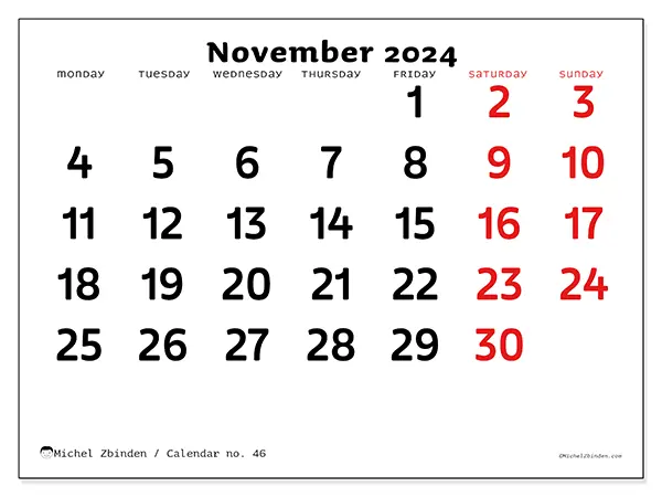 Free printable calendar no. 46 for November 2024. Week: Monday to Sunday.