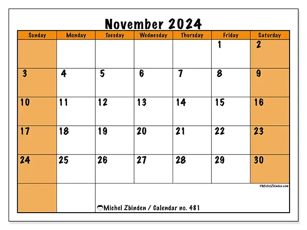 Free printable calendar no. 481 for November 2024. Week: Sunday to Saturday.