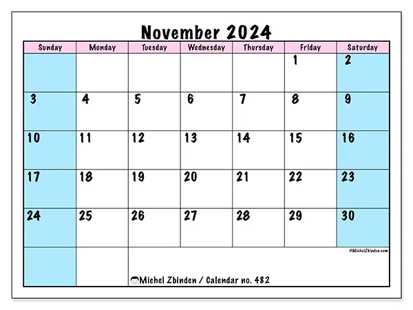 Free printable calendar no. 482, November 2025. Week:  Sunday to Saturday