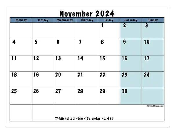 Free printable calendar no. 483 for November 2024. Week: Monday to Sunday.