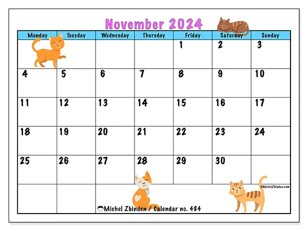 Free printable calendar no. 484 for November 2024. Week: Monday to Sunday.