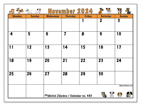 Free printable calendar no. 485 for November 2024. Week: Monday to Sunday.