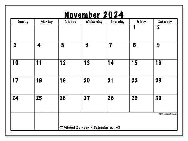 Free printable calendar no. 48 for November 2024. Week: Sunday to Saturday.