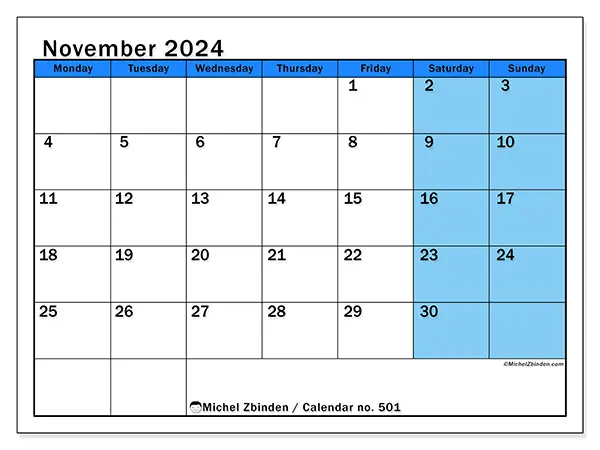 Free printable calendar no. 501 for November 2024. Week: Monday to Sunday.