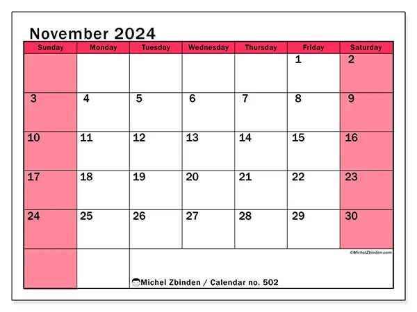Free printable calendar no. 502, November 2025. Week:  Sunday to Saturday
