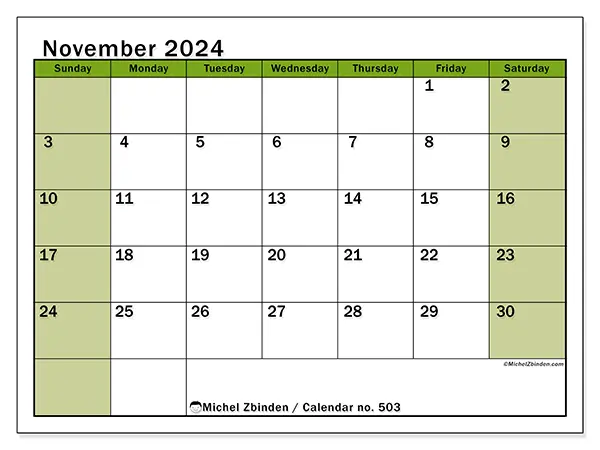 Free printable calendar no. 503, November 2025. Week:  Sunday to Saturday