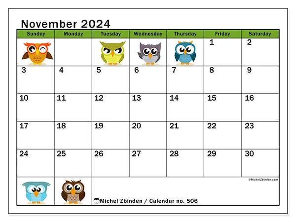 Free printable calendar no. 506 for November 2024. Week: Sunday to Saturday.