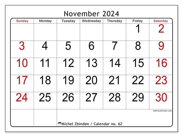 Free printable calendar no. 62 for November 2024. Week: Sunday to Saturday.