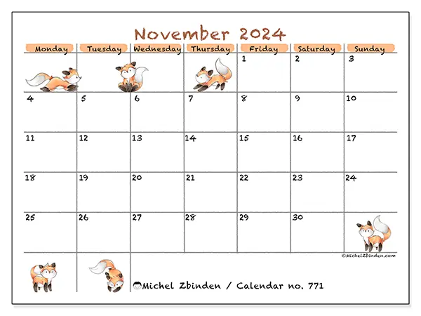 Free printable calendar no. 771 for November 2024. Week: Monday to Sunday.