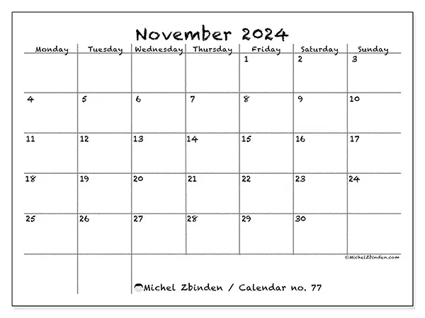 Free printable calendar no. 77 for November 2024. Week: Monday to Sunday.