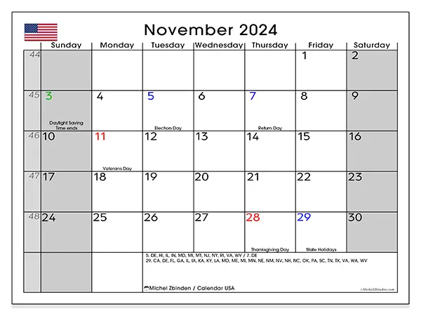 Free printable calendar USA, November 2025. Week:  Sunday to Saturday