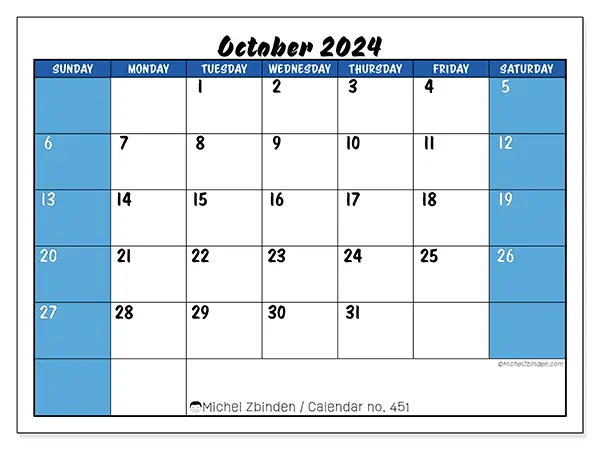 Printable calendar no. 451, October 2024