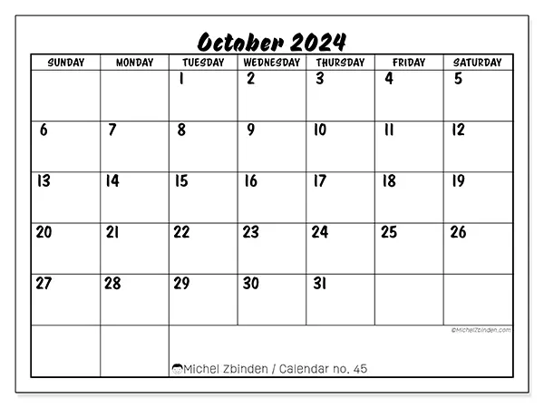 Free printable calendar n° 45 for October 2024. Week: Sunday to Saturday.