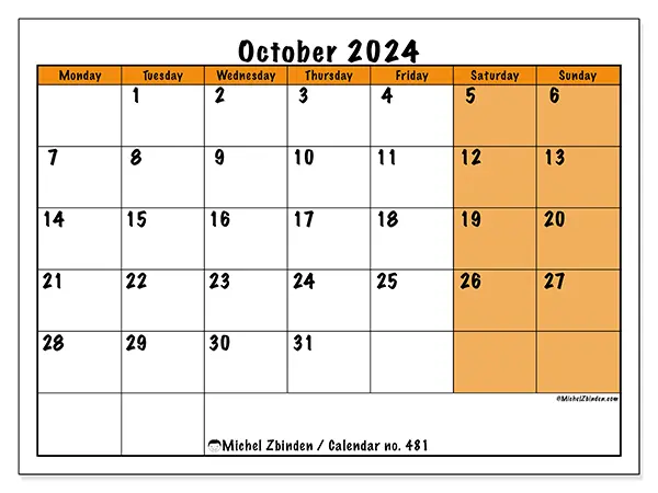 Printable calendar no. 481, October 2024