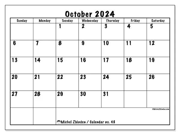 Free printable calendar no. 48 for October 2024. Week: Sunday to Saturday.