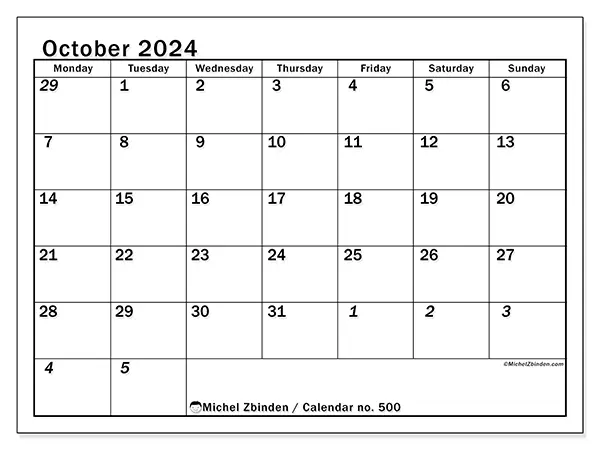 Printable calendar no. 500, October 2024