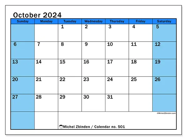Free printable calendar no. 501 for October 2024. Week: Sunday to Saturday.