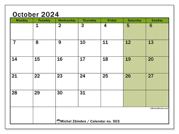 Printable calendar no. 503, October 2024