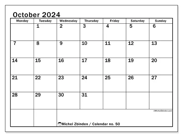 Printable calendar no. 50, October 2024