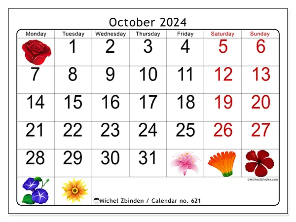 Free printable calendar no. 621 for October 2024. Week: Monday to Sunday.