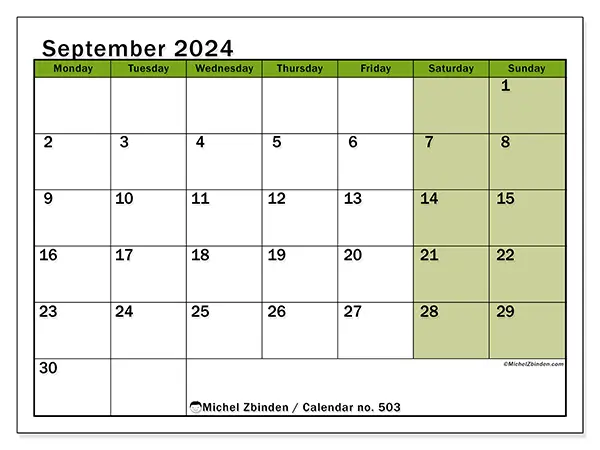 Printable calendar no. 503, September 2024