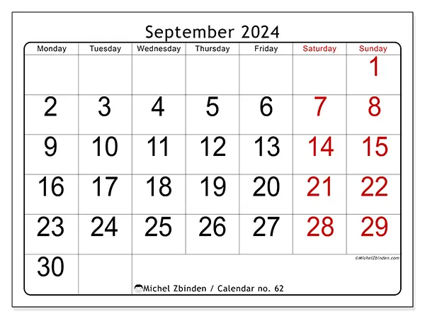 Free printable calendar no. 62 for September 2024. Week: Monday to Sunday.