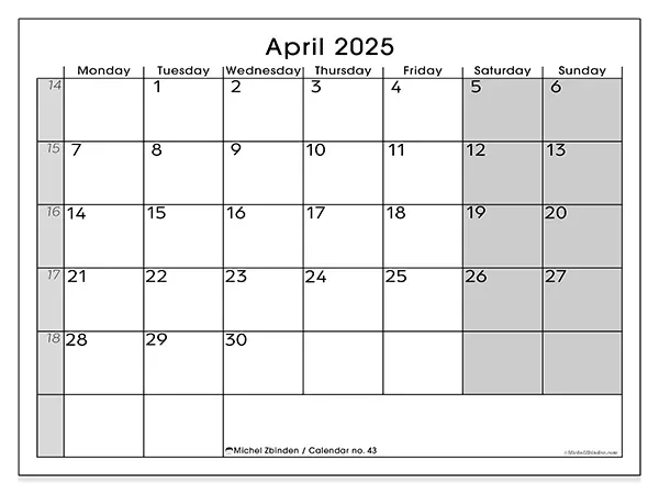 Free printable calendar n° 43 for April 2025. Week: Monday to Sunday.
