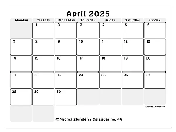 Free printable calendar n° 44 for April 2025. Week: Monday to Sunday.