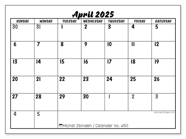 Printable calendar no. 450, April 2025
