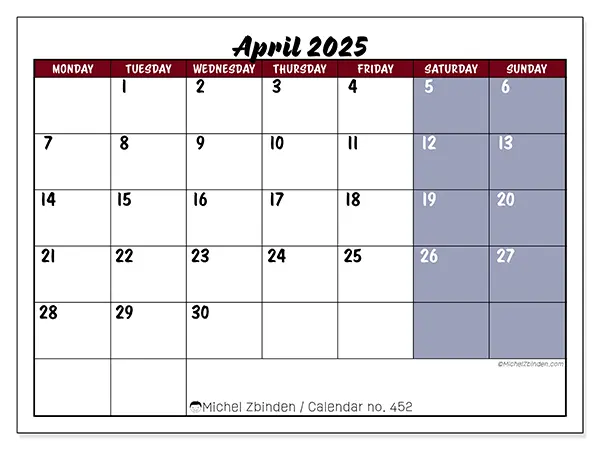 Printable calendar no. 452, April 2025