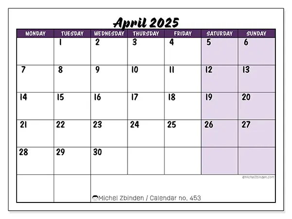 Printable calendar no. 453, April 2025