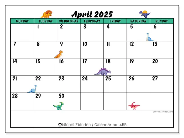Printable calendar no. 455, April 2025
