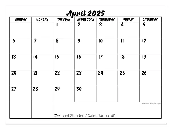 Printable calendar no. 45, April 2025