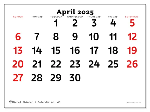Free printable calendar no. 46 for April 2025. Week: Sunday to Saturday.