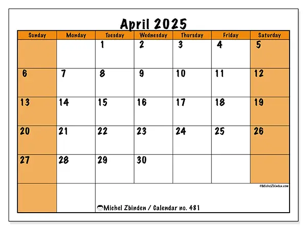 Free printable calendar no. 481 for April 2025. Week: Sunday to Saturday.