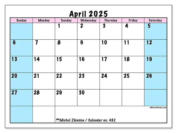 Free printable calendar no. 482 for April 2025. Week: Sunday to Saturday.