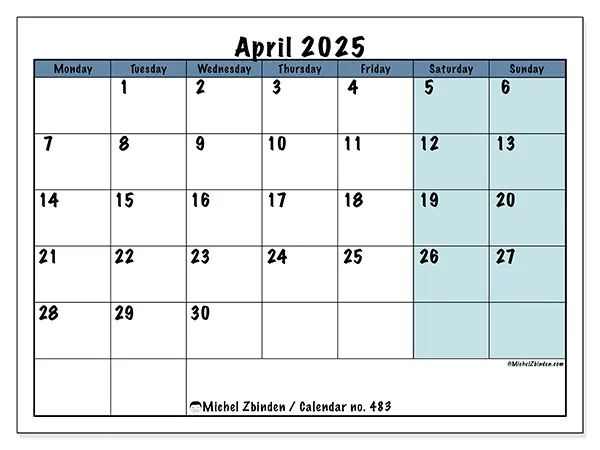 Free printable calendar no. 483 for April 2025. Week: Monday to Sunday.