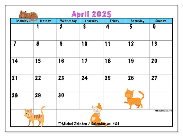 Free printable calendar no. 484 for April 2025. Week: Monday to Sunday.