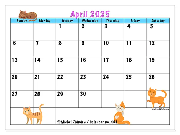 Free printable calendar no. 484 for April 2025. Week: Sunday to Saturday.