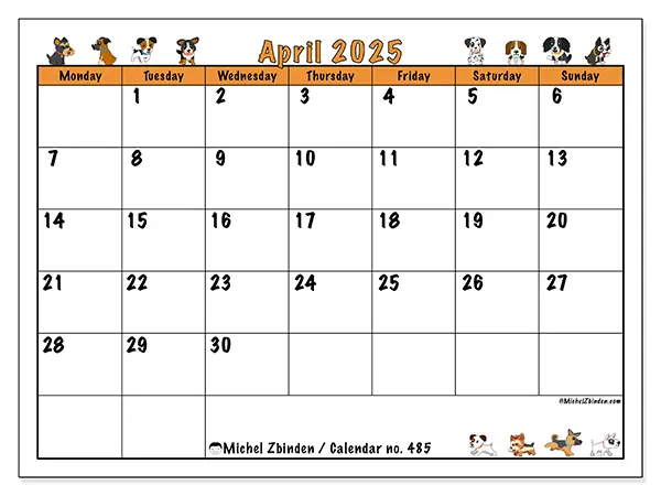 Printable calendar no. 485, April 2025