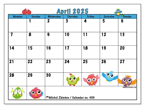 Printable calendar no. 486, April 2025