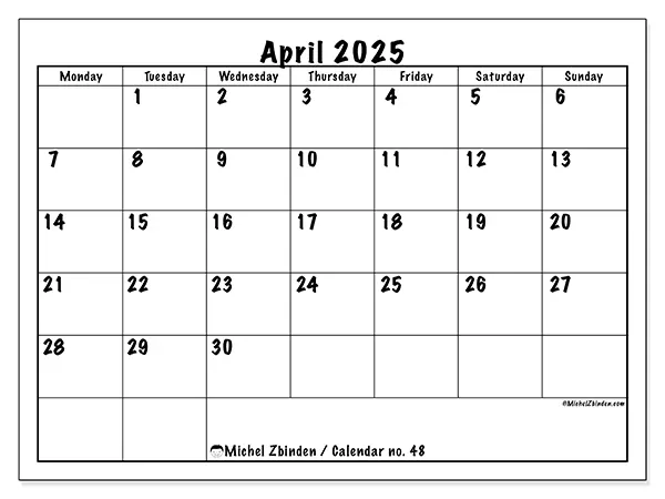 Printable calendar no. 48, April 2025